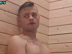 Sauna stud barebacked by a huge tattooed bear until he cumshot