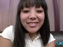 Asian girl Tina Lee gets messy facial after blowjob on her knees