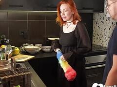 Busty redhead gets shafted in the kitchen