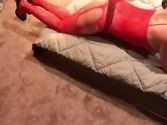 Lady in red masturbates and sucks cock
